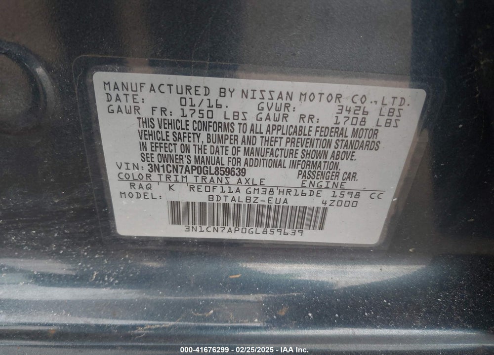 2016 NISSAN VERSA VIN: 3N1CN7AP0GL859639