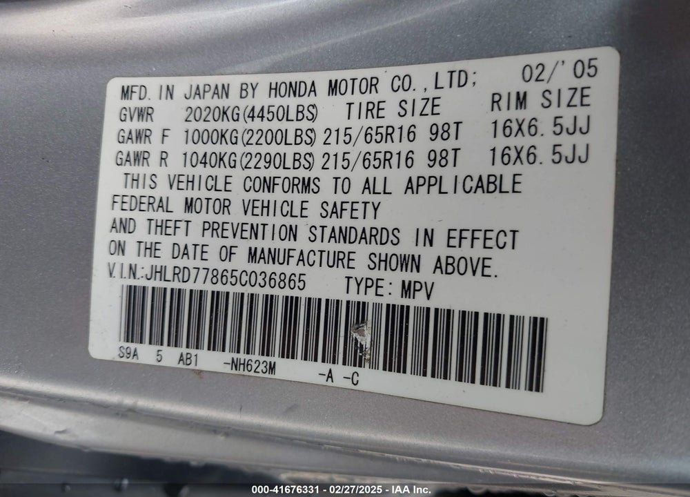 2005 HONDA CR-V VIN: JHLRD77865C036865
