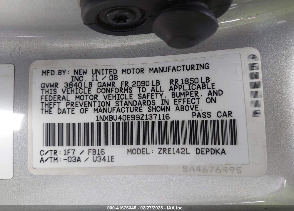 2009 TOYOTA COROLLA VIN: 1NXBU40E99Z137116