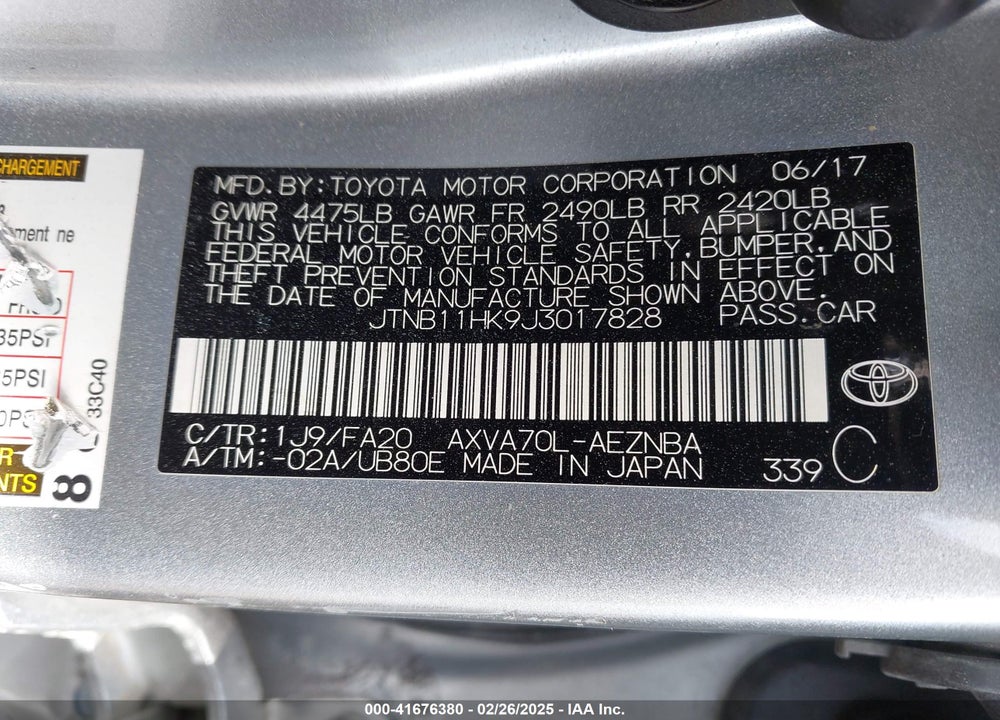 2018 TOYOTA CAMRY VIN: JTNB11HK9J3017828