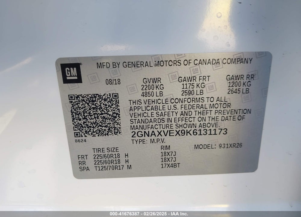 2019 CHEVROLET EQUINOX LT VIN: 2GNAXVEX9K6131173