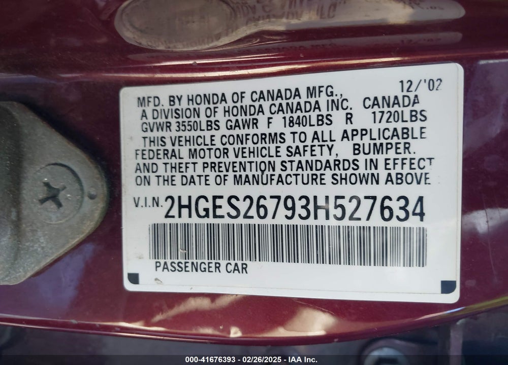 2003 HONDA CIVIC VIN: 2HGES26793H527634