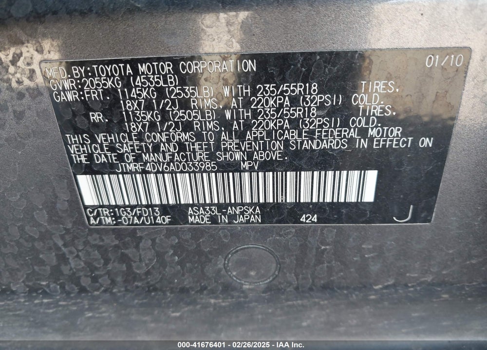 2010 TOYOTA RAV4 SPORT VIN: JTMRF4DV6AD033985