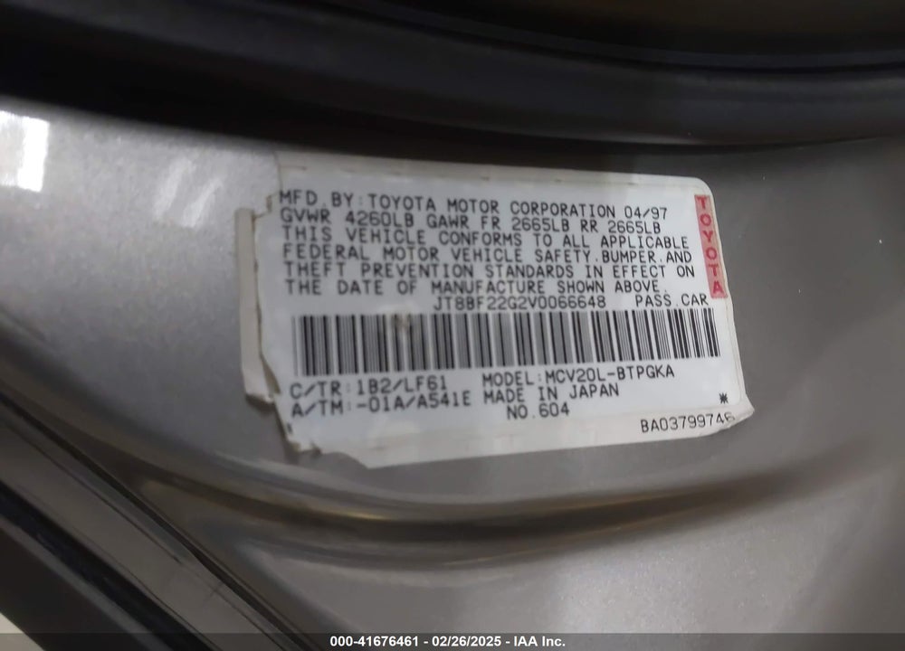 1997 LEXUS ES 300 VIN: JT8BF22G2V0066648