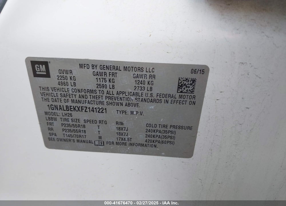 2015 CHEVROLET EQUINOX VIN: 1GNALBEKXFZ141221