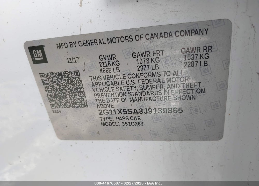 2018 CHEVROLET IMPALA VIN: 2G11X5SA3J9139865