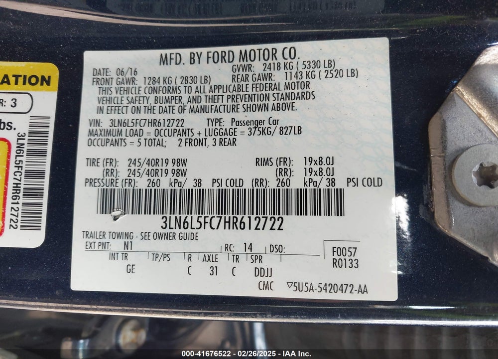 2017 LINCOLN MKZ VIN: 3LN6L5FC7HR612722