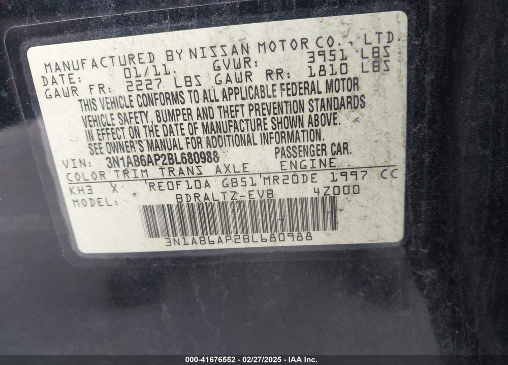 2011 NISSAN SENTRA 2.0SR VIN: 3N1AB6AP2BL680988