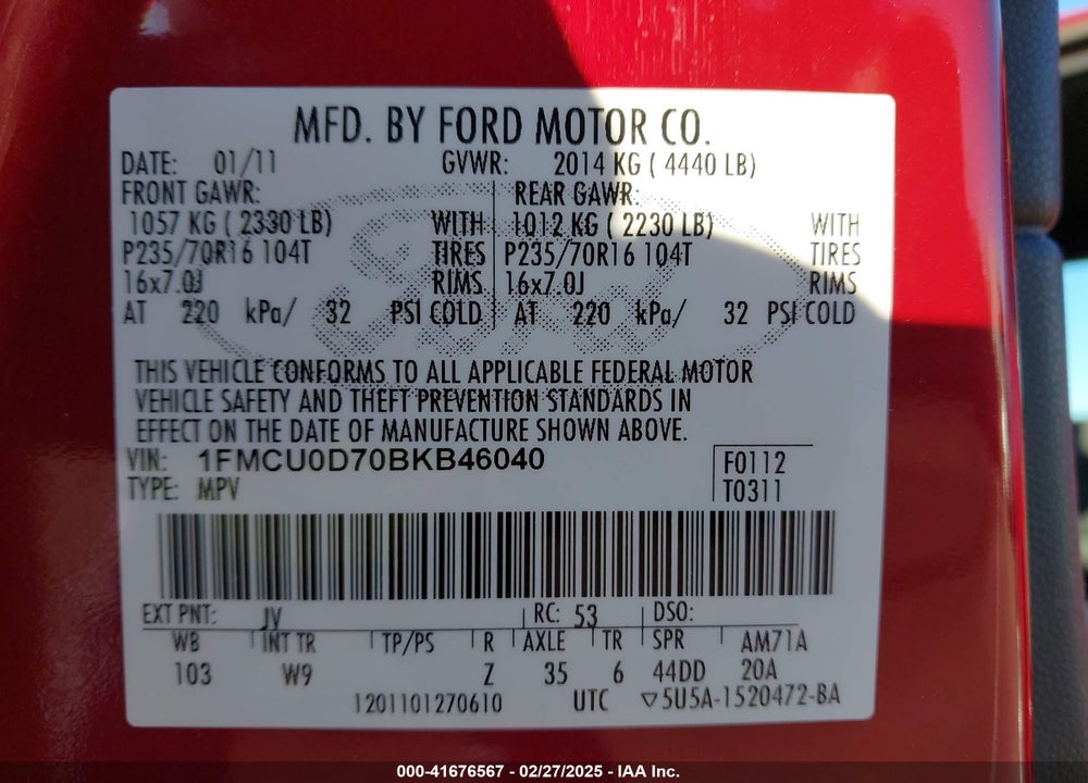 2011 FORD ESCAPE VIN: 1FMCU0D70BKB46040
