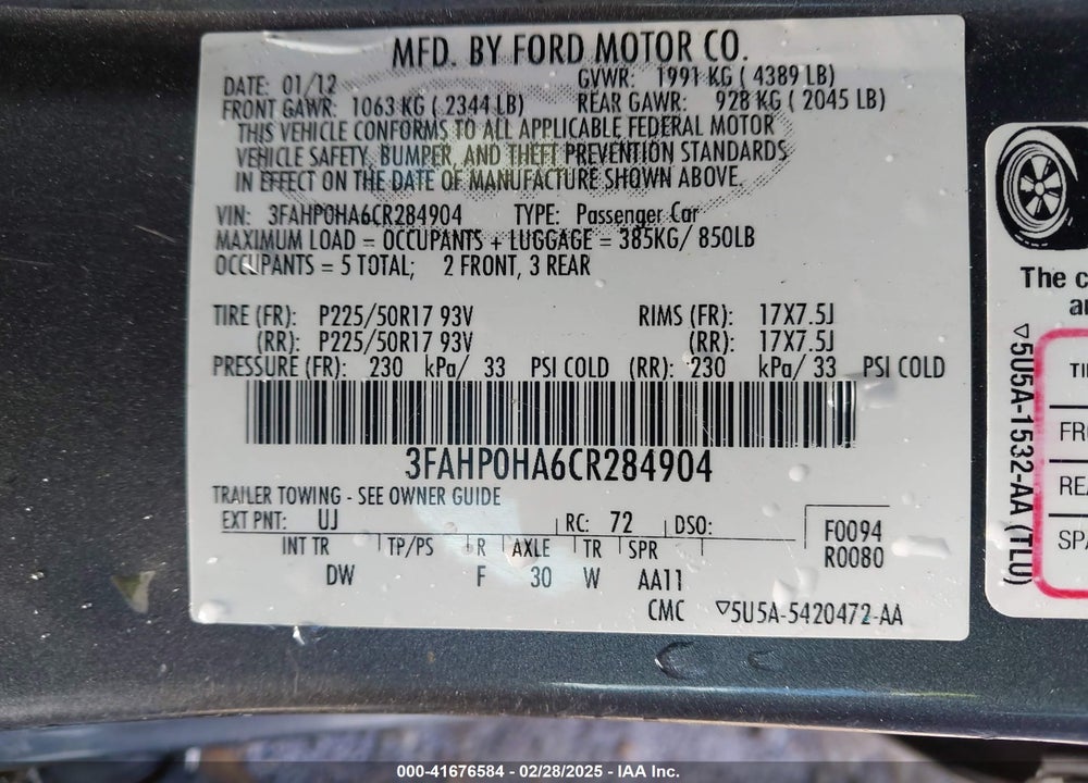 2012 FORD FUSION SE VIN: 3FAHP0HA6CR284904