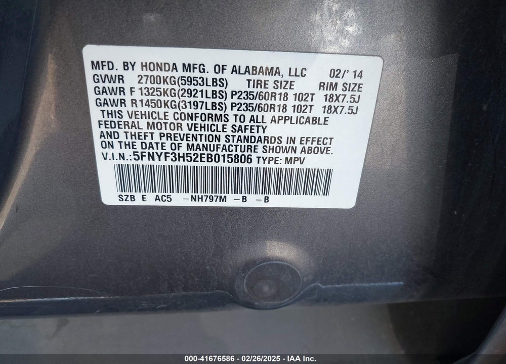 2014 HONDA PILOT VIN: 5FNYF3H52EB015806
