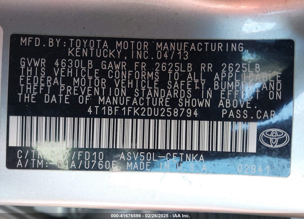 2013 TOYOTA CAMRY VIN: 4T1BF1FK2DU258794