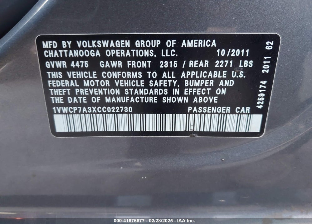 2012 VOLKSWAGEN PASSAT VIN: 1VWCP7A3XCC022730