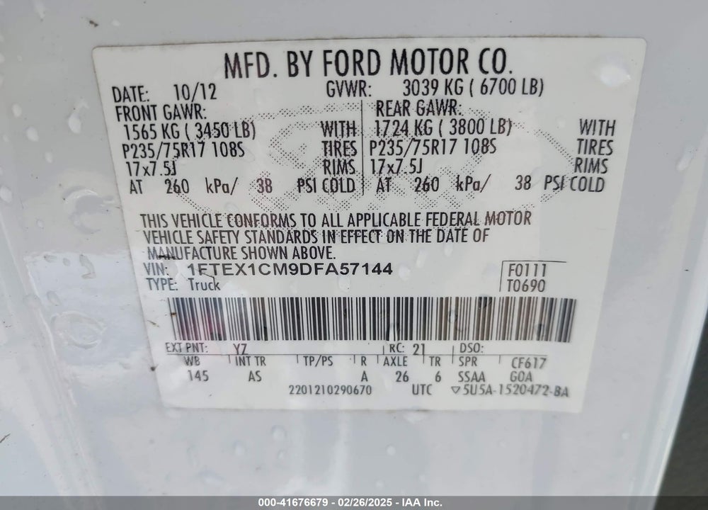 2013 FORD F-150 VIN: 1FTEX1CM9DFA57144