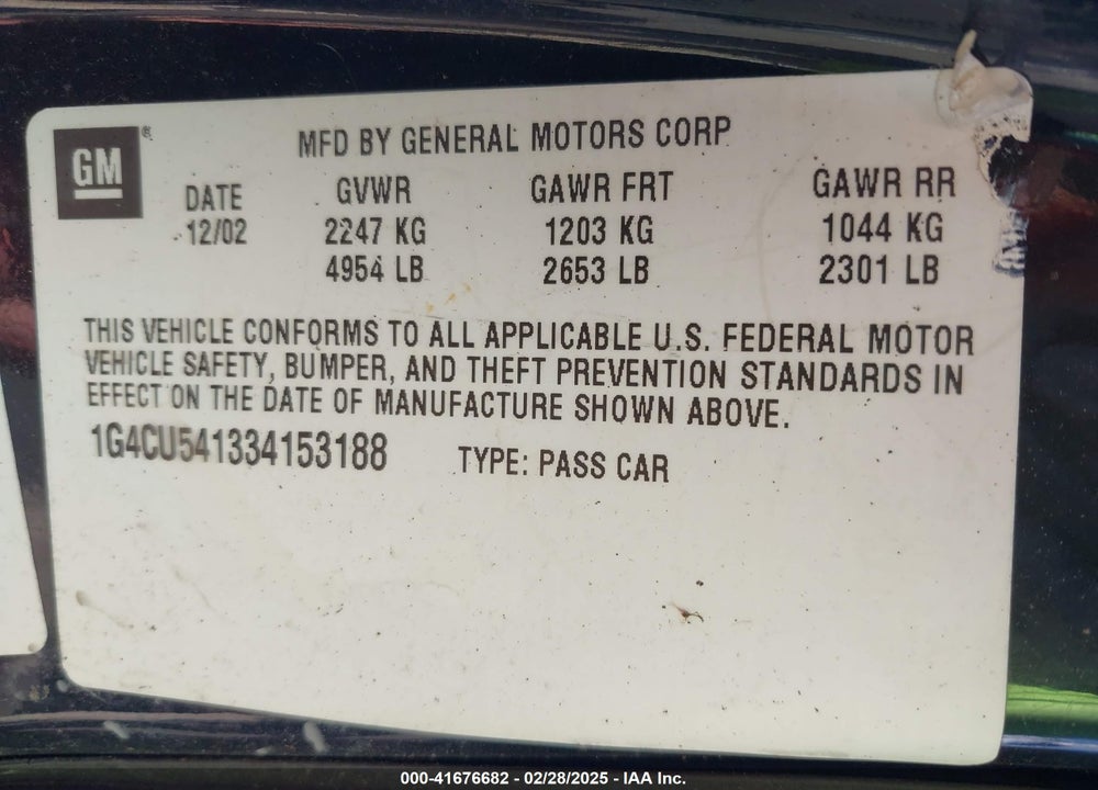 2003 BUICK PARK AVENUE ULTRA VIN: 1G4CU541334153188