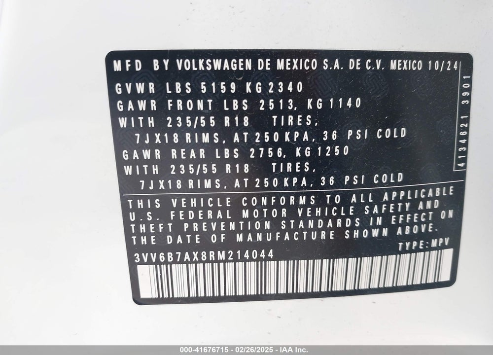 2024 VOLKSWAGEN TIGUAN 2.0T WOLFSBURG EDITION VIN: 3VV6B7AX8RM214044