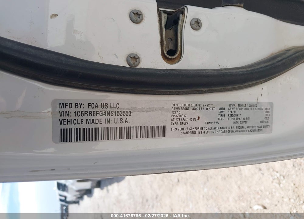 2022 RAM 1500 CLASSIC VIN: 1C6RR6FG4NS153553