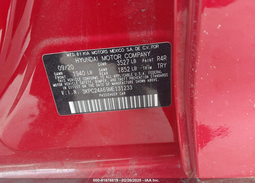 2021 HYUNDAI ACCENT VIN: 3KPC24A69ME131233