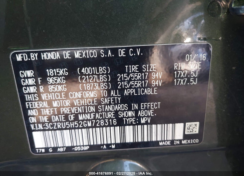 2016 HONDA HR-V VIN: 3CZRU5H52GM728316