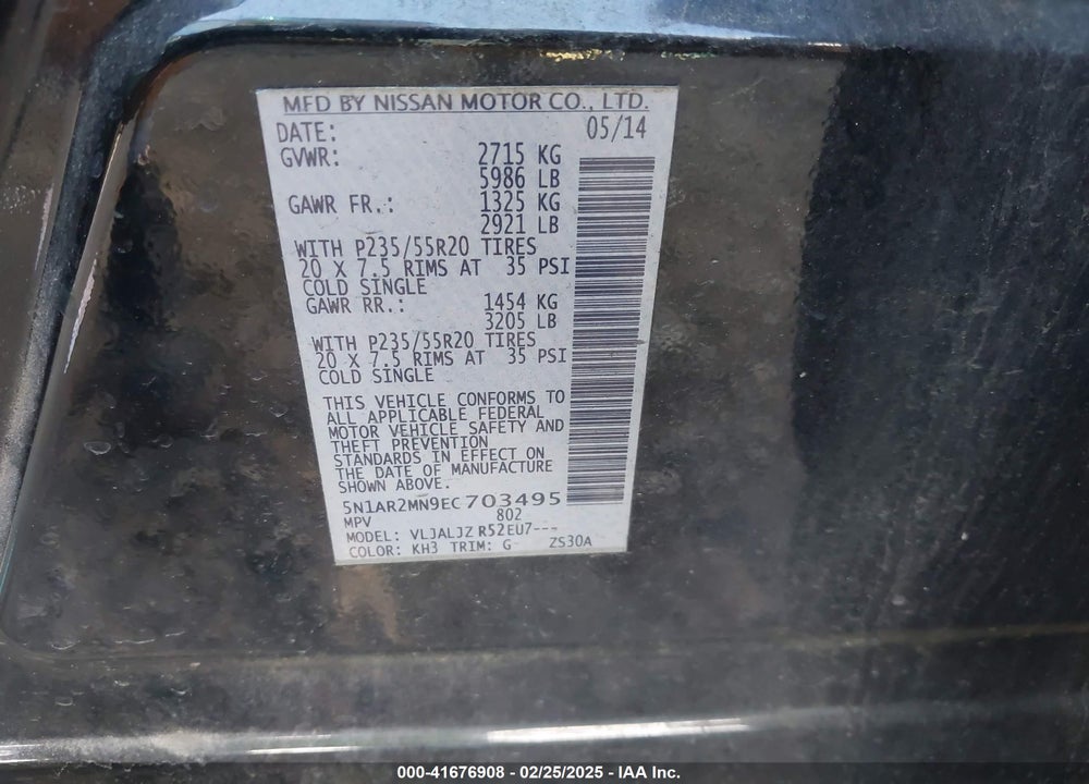 2014 NISSAN PATHFINDER PLATINUM VIN: 5N1AR2MN9EC703495