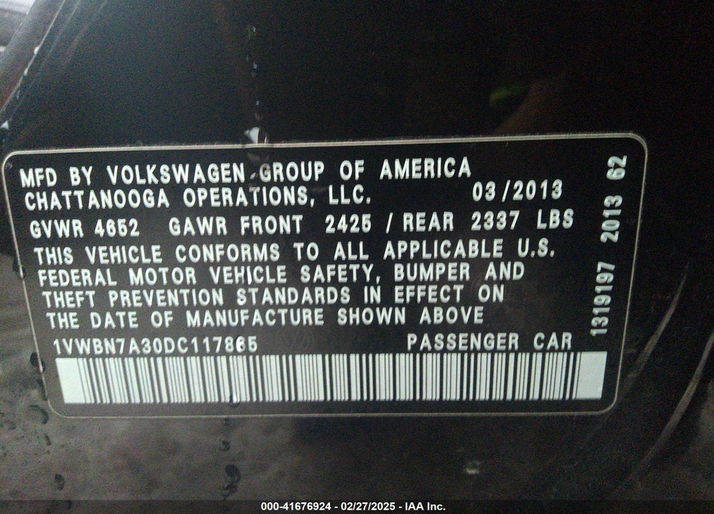 2013 VOLKSWAGEN PASSAT VIN: 1VWBN7A30DC117865