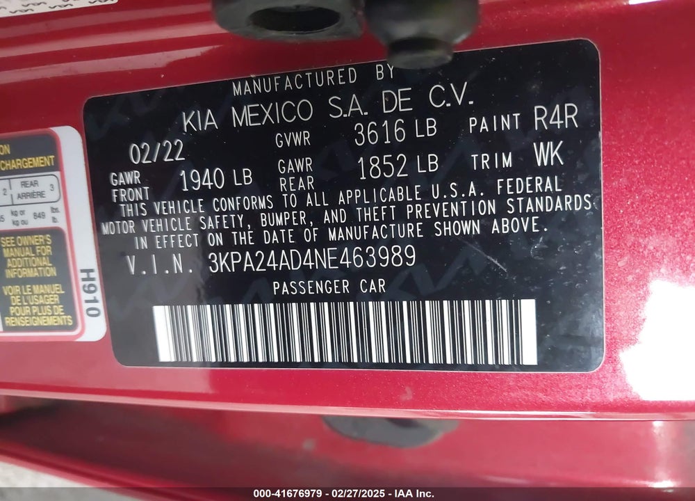 2022 KIA RIO S VIN: 3KPA24AD4NE463989