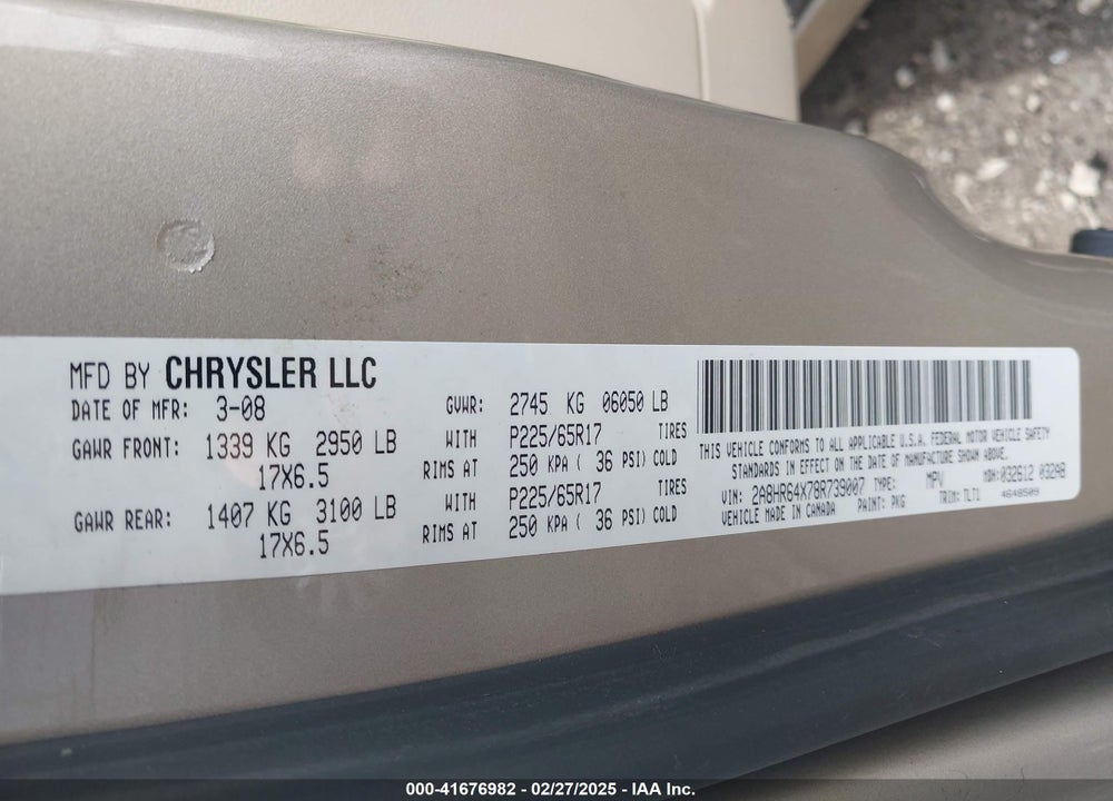 2008 CHRYSLER TOWN & COUNTRY LIMITED VIN: 2A8HR64X78R739007