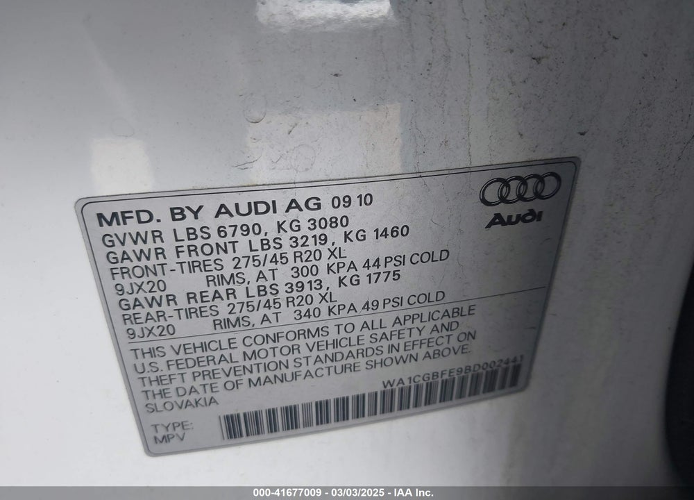 2011 AUDI Q7 3.0T PREMIUM VIN: WA1CGBFE9BD002441