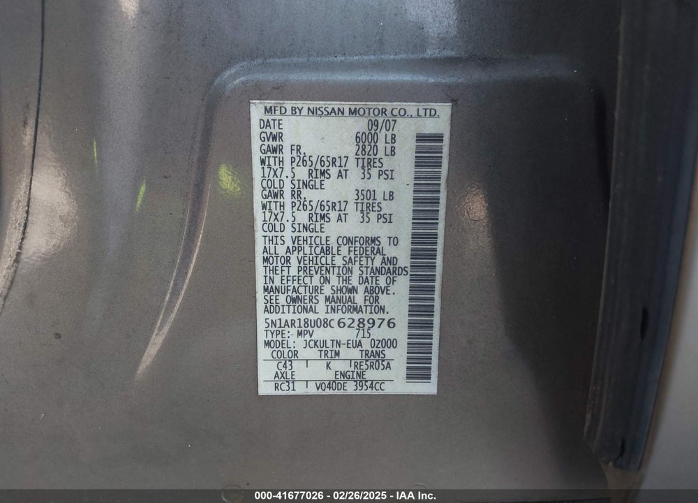 2008 NISSAN PATHFINDER SE VIN: 5N1AR18U08C628976