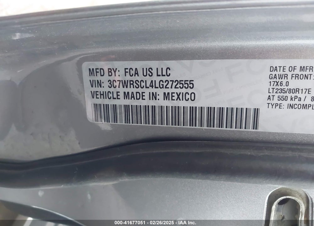 2020 RAM 3500 CHASSIS TRADESMAN/SLT/LAIE/LIMITED VIN: 3C7WRSCL4LG272555