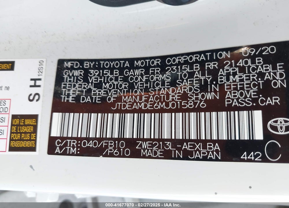 2021 TOYOTA COROLLA VIN: JTDEAMDE6MJ015876