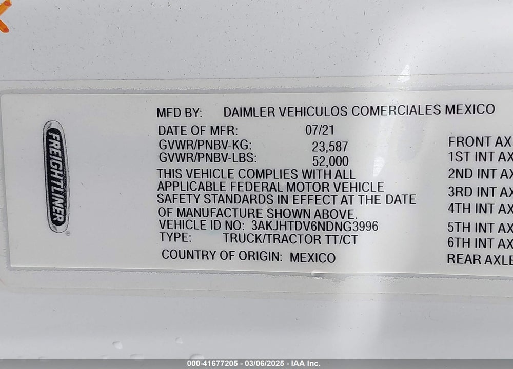 2022 FREIGHTLINER NEW CASCADIA 116 VIN: 3AKJHTDV6NDNG3996