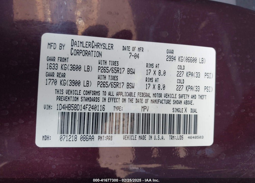 2004 DODGE DURANGO LIMITED VIN: 1D4HB58D14F240116