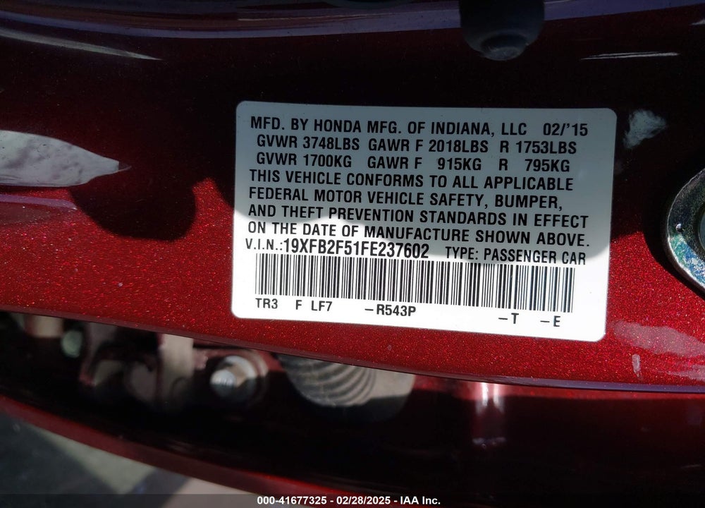2015 HONDA CIVIC VIN: 19XFB2F51FE237602