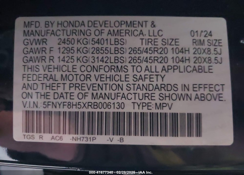 2024 HONDA PASSPORT VIN: 5FNYF8H5XRB006130