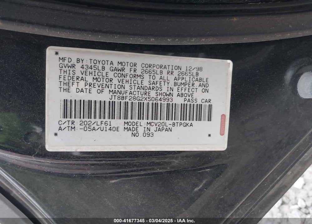 1999 LEXUS ES 300 VIN: JT8BF28G2X5064993