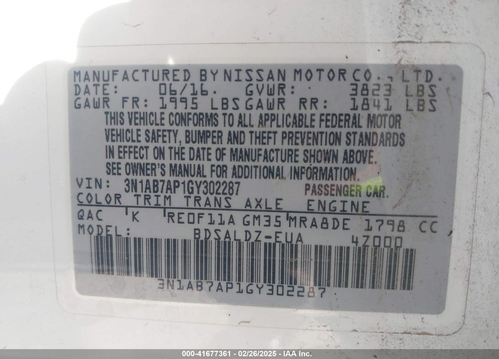 2016 NISSAN SENTRA VIN: 3N1AB7AP1GY302287
