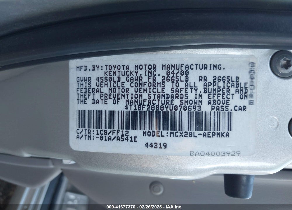 2000 TOYOTA AVALON VIN: 4T1BF28B8YU070693