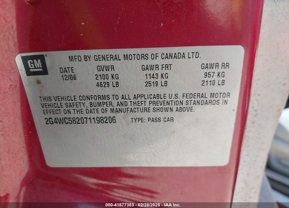 2007 BUICK LACROSSE CX VIN: 2G4WC582071198206