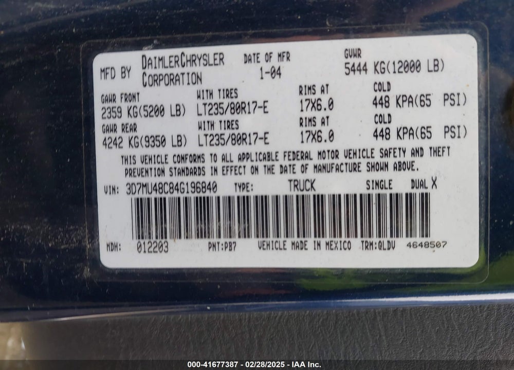 2004 DODGE RAM 3500 VIN: 3D7MU48C84G196840