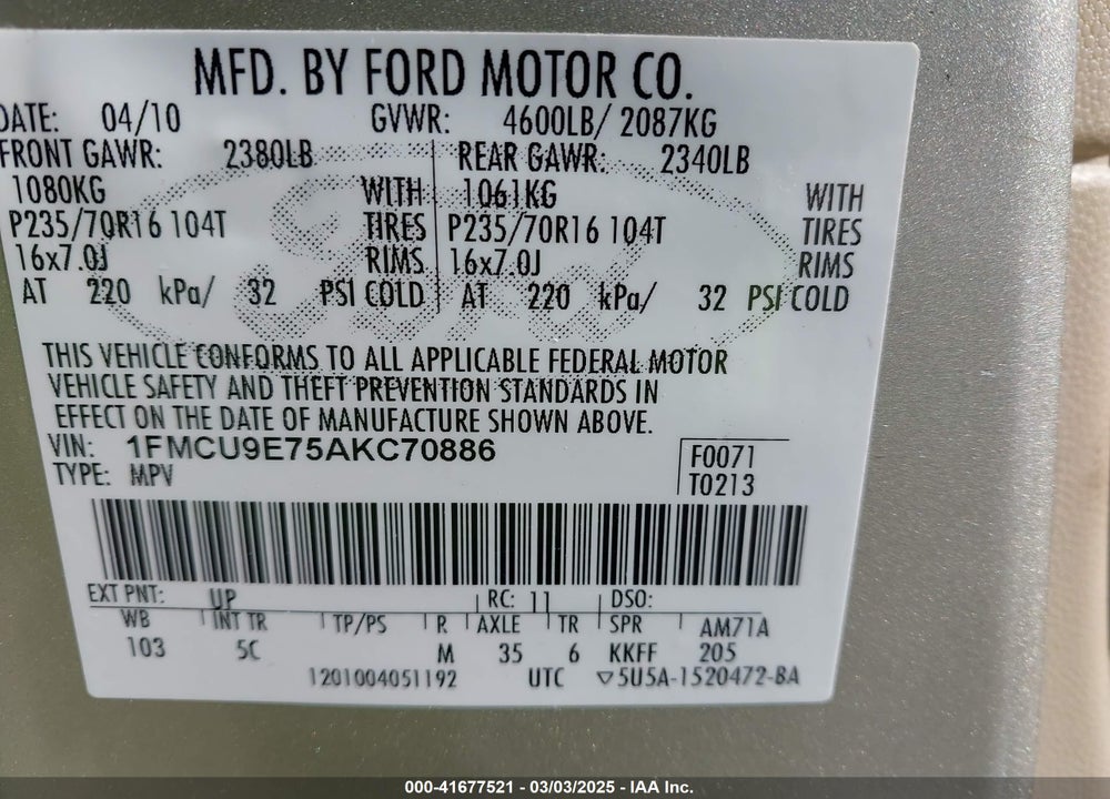 2010 FORD ESCAPE LIMITED VIN: 1FMCU9E75AKC70886