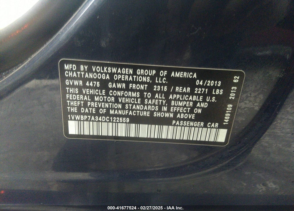 2013 VOLKSWAGEN PASSAT VIN: 1VWBP7A34DC122559