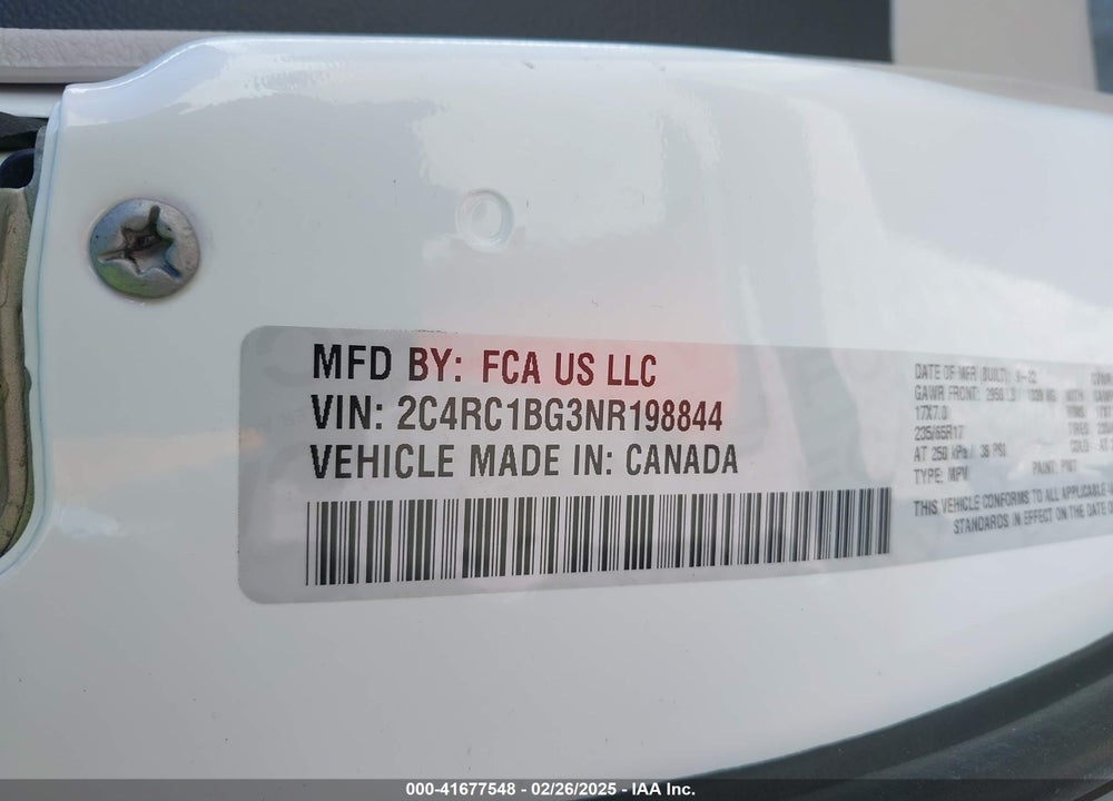 2022 CHRYSLER PACIFICA TOURING L VIN: 2C4RC1BG3NR198844
