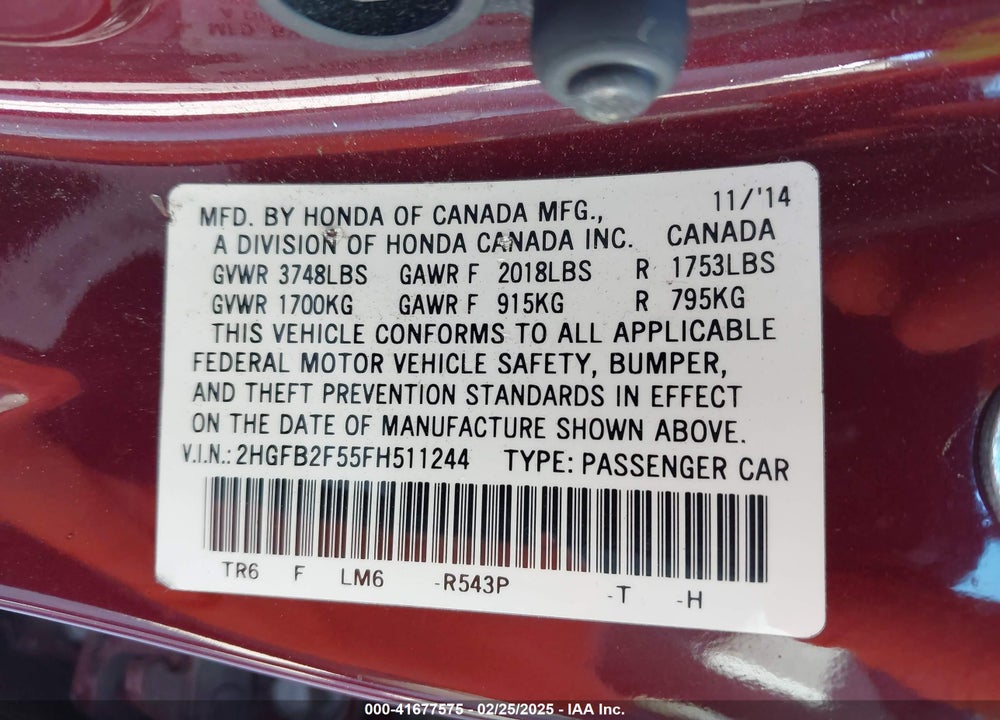 2015 HONDA CIVIC VIN: 2HGFB2F55FH511244