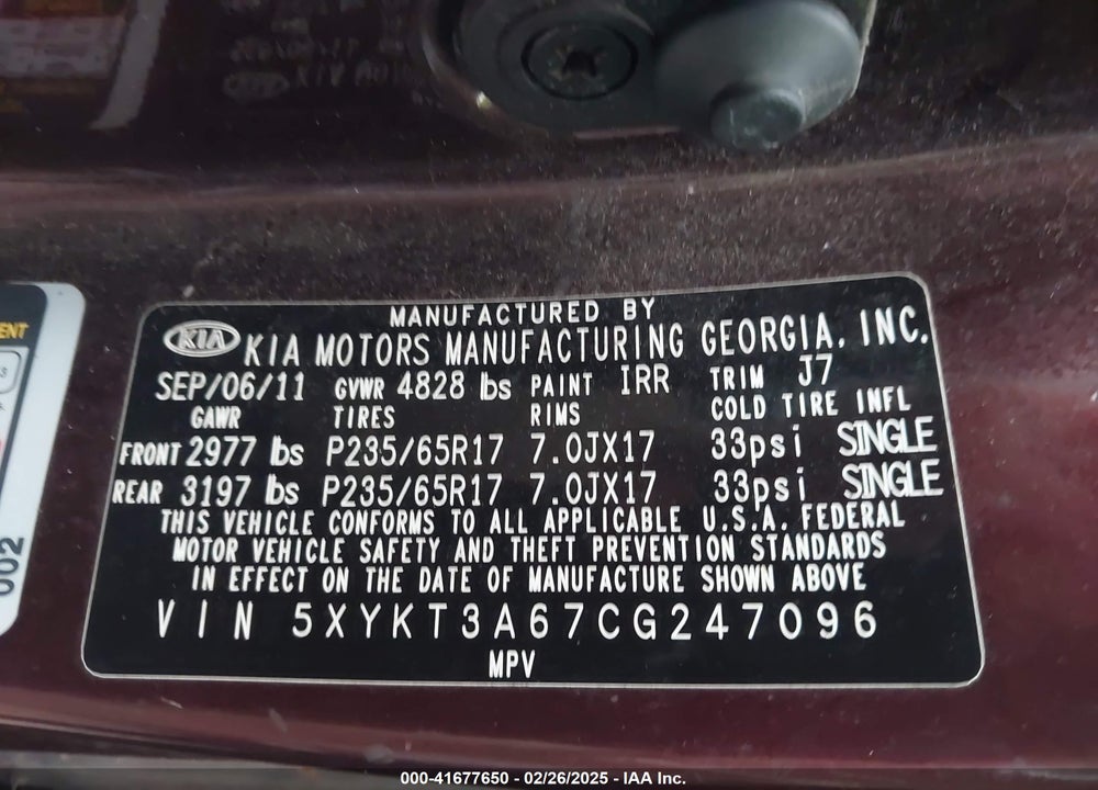 2012 KIA SORENTO VIN: 5XYKT3A67CG247096