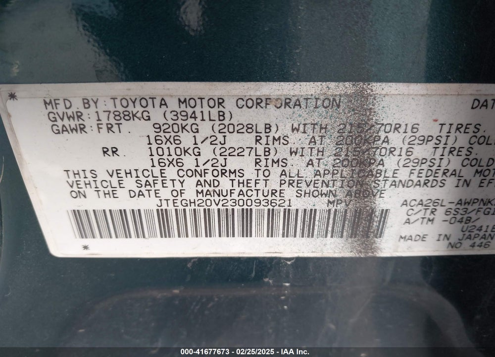 2003 TOYOTA RAV4 VIN: JTEGH20V230093621
