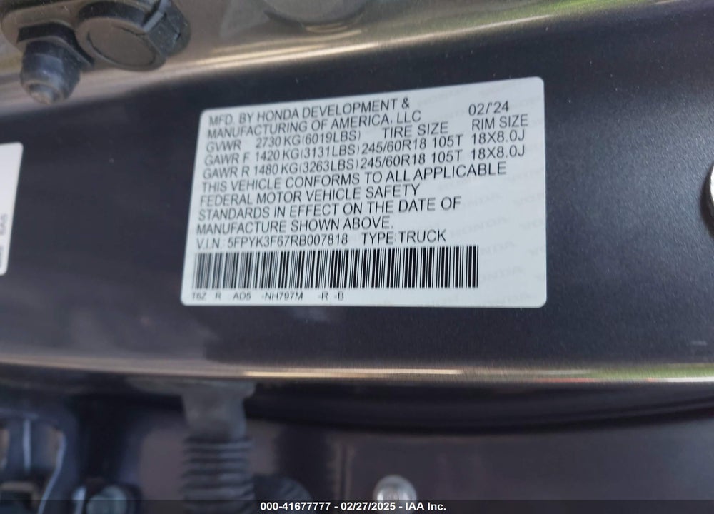 2024 HONDA RIDGELINE TRAILSPORT VIN: 5FPYK3F67RB007818