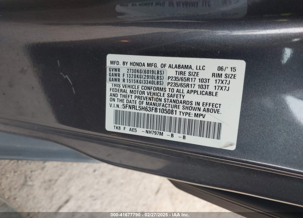 2015 HONDA ODYSSEY VIN: 5FNRL5H63FB105081