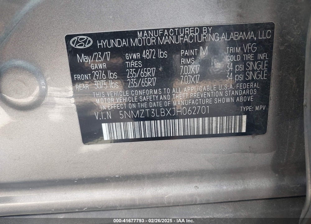 2018 HYUNDAI SANTA FE SPORT 2.4L VIN: 5NMZT3LBXJH062701
