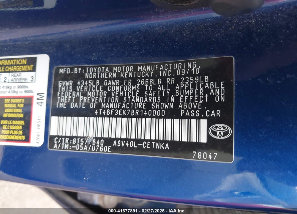 2011 TOYOTA CAMRY VIN: 4T4BF3EK7BR140000